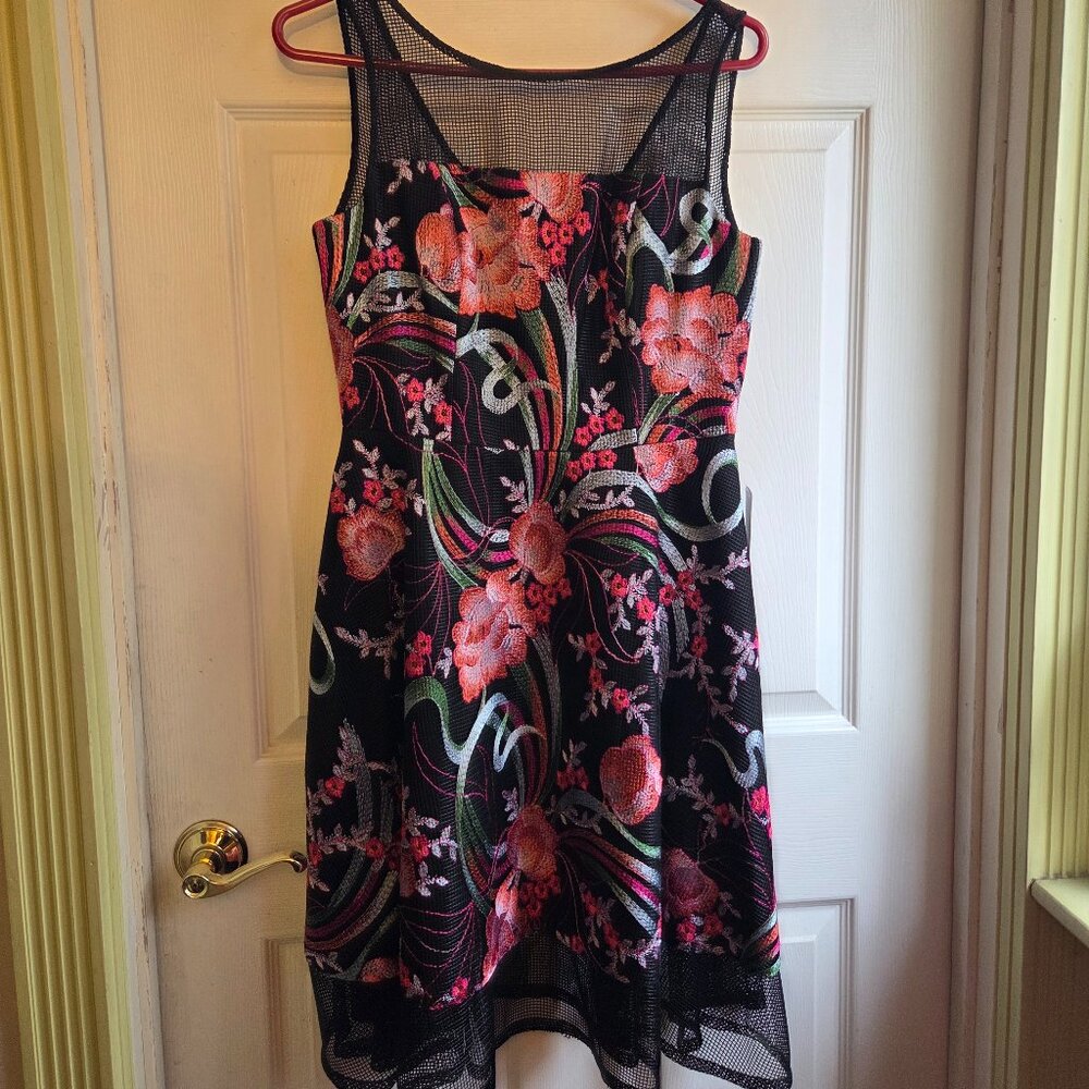 AIDAN $450 Cocktail Black Mesh Pink Embroidered Evening Dress size 10 GORGEOUS